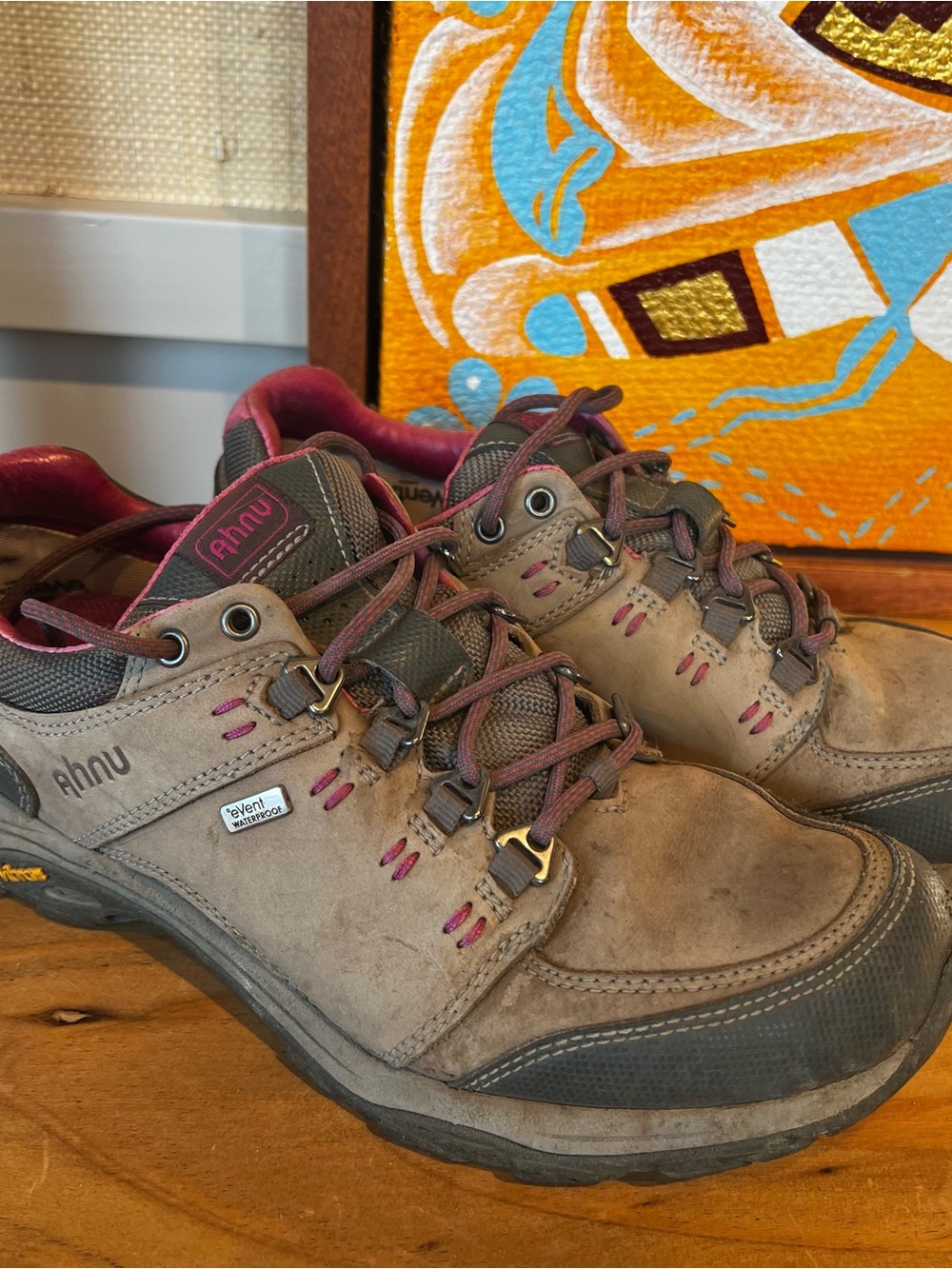Ahnu  Tan Trail Shoes with Burgundy Accents
